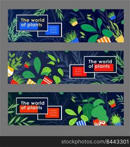Green life banner design set. Houseplants, home plants in pots vector illustration with text samples. Template for greenhouse flyers or ecological brochures