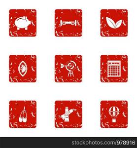 Green life icons set. Grunge set of 9 green life vector icons for web isolated on white background. Green life icons set, grunge style