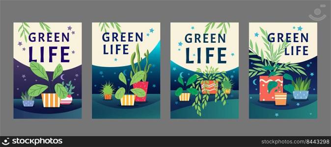 Green life poster design set. Houseplants, home plants in pots vector illustration with text s&les. Template for greenhouse flyers or flower shop banners