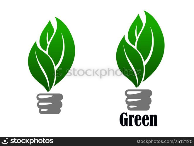 Green light bulb abstract icon with fresh leaves, for environment or save energy concept design . Green light bulb with leaves