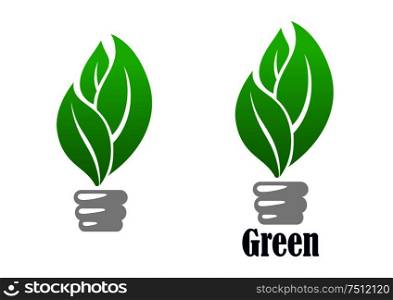 Green light bulb abstract icon with fresh leaves, for environment or save energy concept design . Green light bulb with leaves
