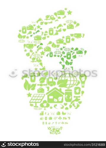 green light bulb filled with eco icons