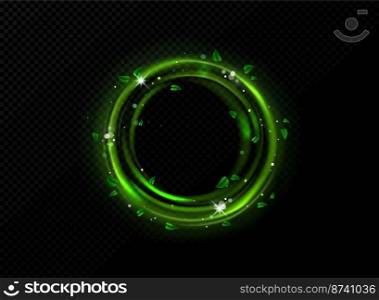 Green light circle frame with sparks and leaves motion effect. Magic glow with star dust and sparkles. Power of nature magician spell or portal hole, vortex isolated Realistic 3d Vector illustration. Green light circle frame with sparks and leaves