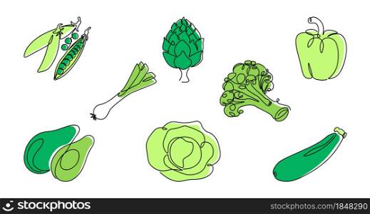 Green line vegetable. Continuous monoline healthy food, pepper artichoke peas cabbage avocado. Vector isolated line greens sketch vegetales gardening healthy meal white background. Green line vegetable. Continuous monoline healthy food, pepper artichoke peas cabbage avocado. Vector isolated line greens