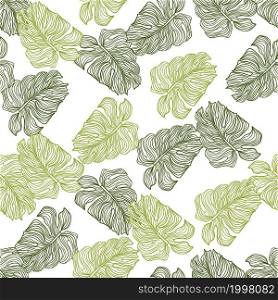 Green linear monstera outline seamless pattern on white background. Tropical leaves backdrop. Abstract tropical botanical wallpaper. Design for fabric , textile, surface, wrapping. Vector illustration. Green linear monstera outline seamless pattern on white background. Tropical leaves backdrop.