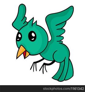 green little bird flying. cartoon vector illustration