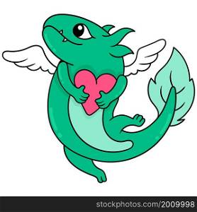 green little monster animal is in love carrying heart in hand