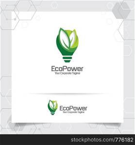 Green logo energy bulb design concept of leaves vector and lamp icon. Electricity logo used for environment and ecology system.