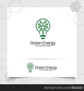 Green logo energy bulb design concept of leaves vector and lamp icon. Electricity logo used for environment and ecology system.