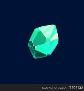 Green magic crystal vector icon, rock, organic gem stone. Jewelry piece for ui game, isolated cartoon sign, raw precious or semiprecious mineral, emerald or beryl gemstone. Green magic crystal, emerald or beryl vector icon