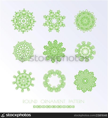 Green mandala art. Round ornament pattern isolated. Green mandala set