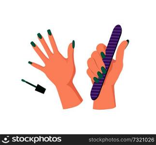 Green manicure on female hands that hold striped nail file and brush from nail polish beside isolated cartoon vector illustration on white background.. Green Manicure on Female Hands with Nail File