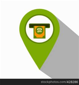 Green map pin pointer with ATM sign icon. Flat illustration of green map pin pointer with ATM sign vector icon for web isolated on white background. Green map pin pointer with ATM sign icon