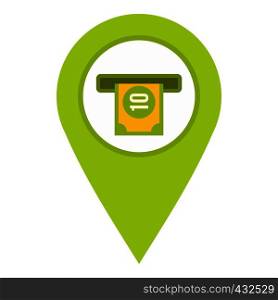 Green map pin pointer with ATM sign icon flat isolated on white background vector illustration. Green map pin pointer with ATM sign icon isolated