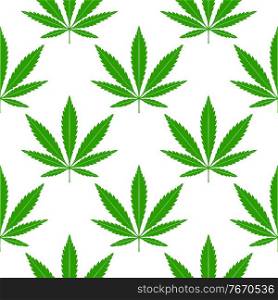 Green marijuana leaves on a white background. Cannabis seamless pattern.