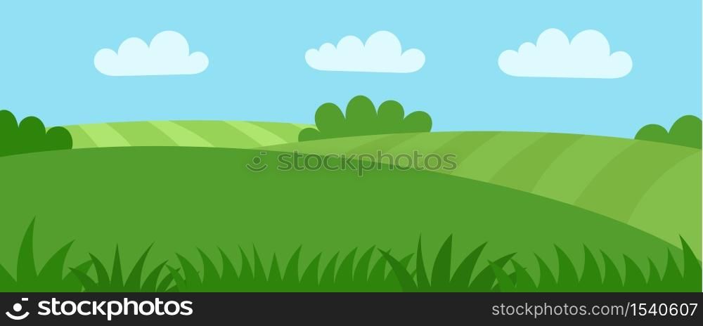 Green meadow. Cornfield. Summer rural landscape. Agriculture. Banner for website, country background. Flat cartoon illustration.