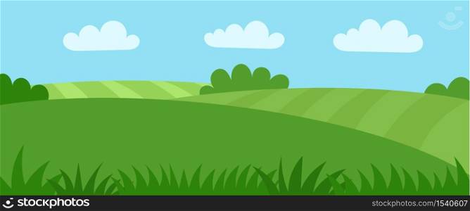 Green meadow. Cornfield. Summer rural landscape. Agriculture. Banner for website, country background. Flat cartoon illustration.