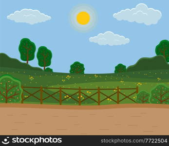 Green meadow, summer or spring weather, lush green trees, wildflowers, dandelions, rural fence, country road. Bright sun, blue sky with clouds. Saturated summer landscape, hot. Trip out of town. Summer or spring time, green meadow, fools, hot weather. Dandelions on the field, clear sky