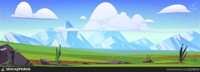 Green meadows and white mountains on horizon. Vector cartoon illustration of summer landscape of valley with grass, stones, snow rocks on skyline and clouds in sky. Green meadows and white mountains on horizon