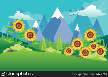Green∑mer rural landscape with big sunflowers illustration.