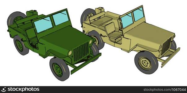 Green military jeep, illustration, vector on white background.