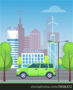 Green minivan or multi purpose vehicle rides on asphalted road in city. Green trees near highway, good weather. Cityscape with many buildings on background. Vector illustration in flat style. Minivan on City Highway, Cityscape and Trees