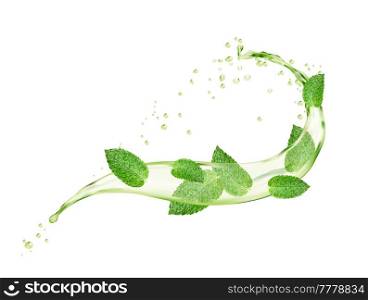 Green mint leaves and herbal tea wave round splash. Vector menthol, peppermint and matcha drink swirl, isolated spill or curve with realistic 3d drops explosion, falling droplets and splatters. Green mint leaves and herbal tea wave round splash