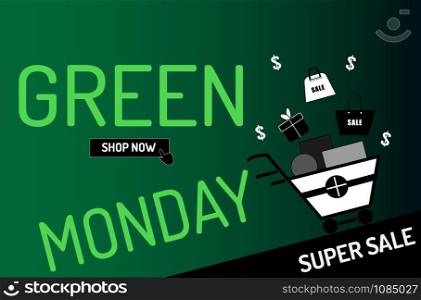 Green Monday sale concept, the shopping cart with gift on green background