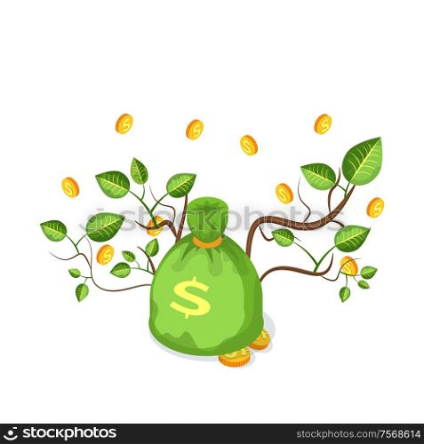Green money bag with golden coins and branches with leaves, 3D icon of dollars on white. Cash with bucks and sticks, jackpot in big full sack vector. Green Money Bag with Coins and Branches Vector