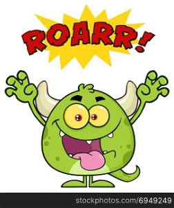 Green Monster Cartoon Emoji Character Roaring. Illustration Isolated On White Background With Text