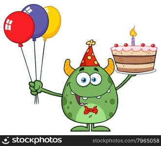 Green Monster Holding Up A Colorful Balloons And Birthday Cake