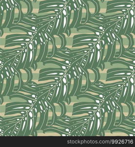 Green monstera abstract foliage seamless pattern. Doodle leaves ornament on striped background. Designed for fabric design, textile print, wrapping, cover. Vector illustration.. Green monstera abstract foliage seamless pattern. Doodle leaves ornament on striped background.