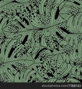 Green monstera line leaves seamless pattern. Botanical leaf backdrop. Modern exotic tropical wallpaper. Design for fabric, textile print, wrapping paper, fashion, interior, cover. Vector illustration. Green monstera line leaves seamless pattern. Botanical leaf backdrop.