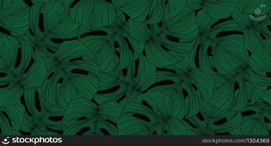 Green monstera line leaves seamless pattern. Modern exotic tropical backdrop. Botanical leaf wallpaper. Exotic design for fabric, textile print, wrapping paper, fashion, interior. Vector illustration. Green monstera line leaves seamless pattern. Modern exotic tropical backdrop.