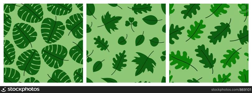 Green monstera, oak and maple leaves. Leaf seamless pattern set. Vector illustration. Scrapbook, gift wrapping paper and textiles. Fashion design background. Tropical print