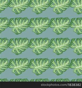 Green monstera palm leaves seamless doodle pattern. Pale blue background. Tropical greenery artwork. Decorative backdrop for fabric design, textile print, wrapping, cover. Vector illustration.. Green monstera palm leaves seamless doodle pattern. Pale blue background. Tropical greenery artwork.