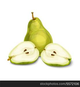 Green natural organic sweet pear fruit sliced in half with seeds isolated hand drawn sketch vector illustration
