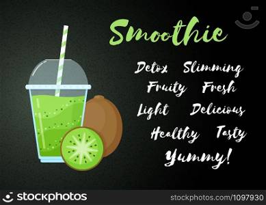 Green natural smoothie kiwi shake vector illustration. Sign Smoothie on black background, glass with cup and straw, filled with sweet tasty green smoothies drink cocktail for healthy detox web banner. Green natural smoothie kiwi fruit shake banner
