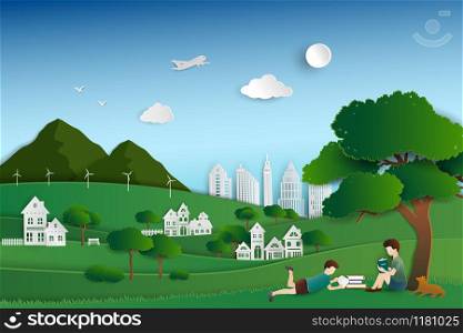 Green nature city with childs reading books under the trees,background for World book day or International Education Week,vector illustration