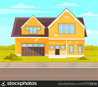 Green nature house and road landscape. Exterior of large building with windows, fence and garden. Residential building, house with garage. Architectural structure surrounded by nature, landscape. Exterior of large home with windows, fence and garden. Residential building, house with garage