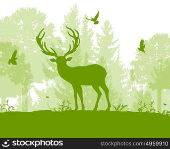 Green nature landscape with deer, tree and birds. Vector illustration.