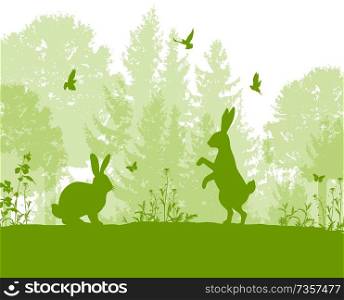 Green nature landscape with silhouettes of two rabbits, tree and birds.  Vector illustration