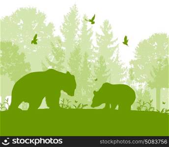 Green nature landscape with two bears, tree and birds.