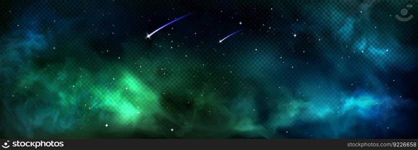 Green nebula galaxy background abstract sky light. Night aurora vector texture with star or comet falling in cosmos. Magic northern concept with bright borealis shine realistic banner backdrop.. Green nebula galaxy background abstract sky light