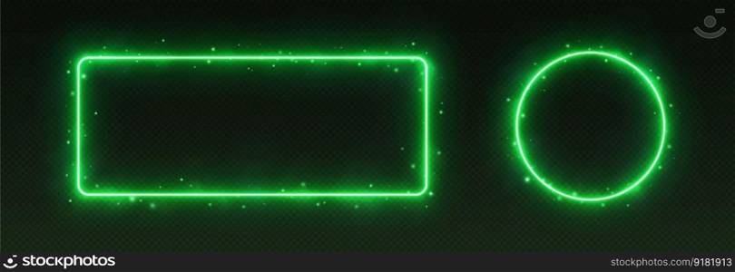 Green neon frames with smoke and sparkles. Circle and rectangle glowing borders for game UI. Vector illustration.. Green neon frames with smoke and sparkles, glowing borders.