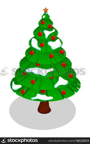 Green New Years Christmas tree in isometric with red glass balls in cartoon style. Celebrating new year and christmas. Isolated vector on white background