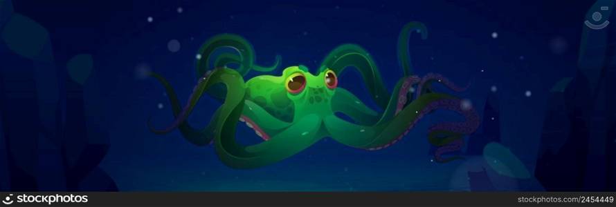 Green octopus swim in ocean water at night. Vector cartoon illustration of dark underwater sea landscape with giant marine animal, squid with suckers on tentacles. Green octopus swim in ocean water at night