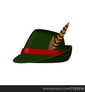 Green oktoberfest hat icon with feather in flat style isolated on white background. Vector illustration.. Green oktoberfest hat icon with feather in flat style.