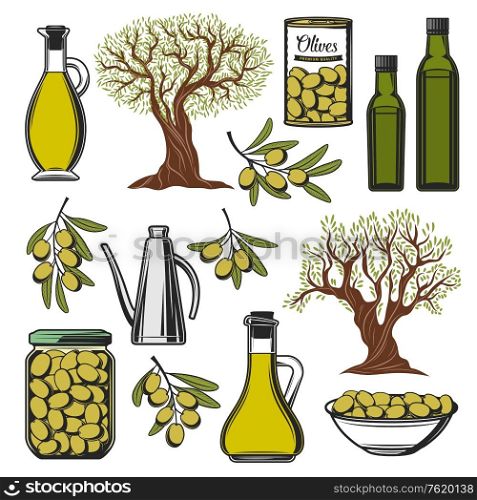 Green olives and olive oil icons. Vector extra virgin olive oil bottle, marinated pickles in glass jar and can, natural organic olives food, premium quality food package symbols. Olive oil and vegetables product icons