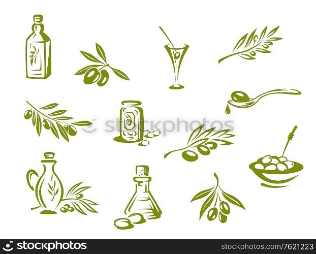 Green olives and organic oil symbols isolated on white background